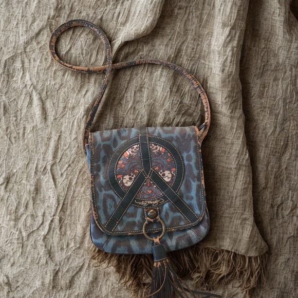 Ed Hardy Blue and Brown Floral Leopard Crossbody Pouch with Tassel - Picture 2 of 6